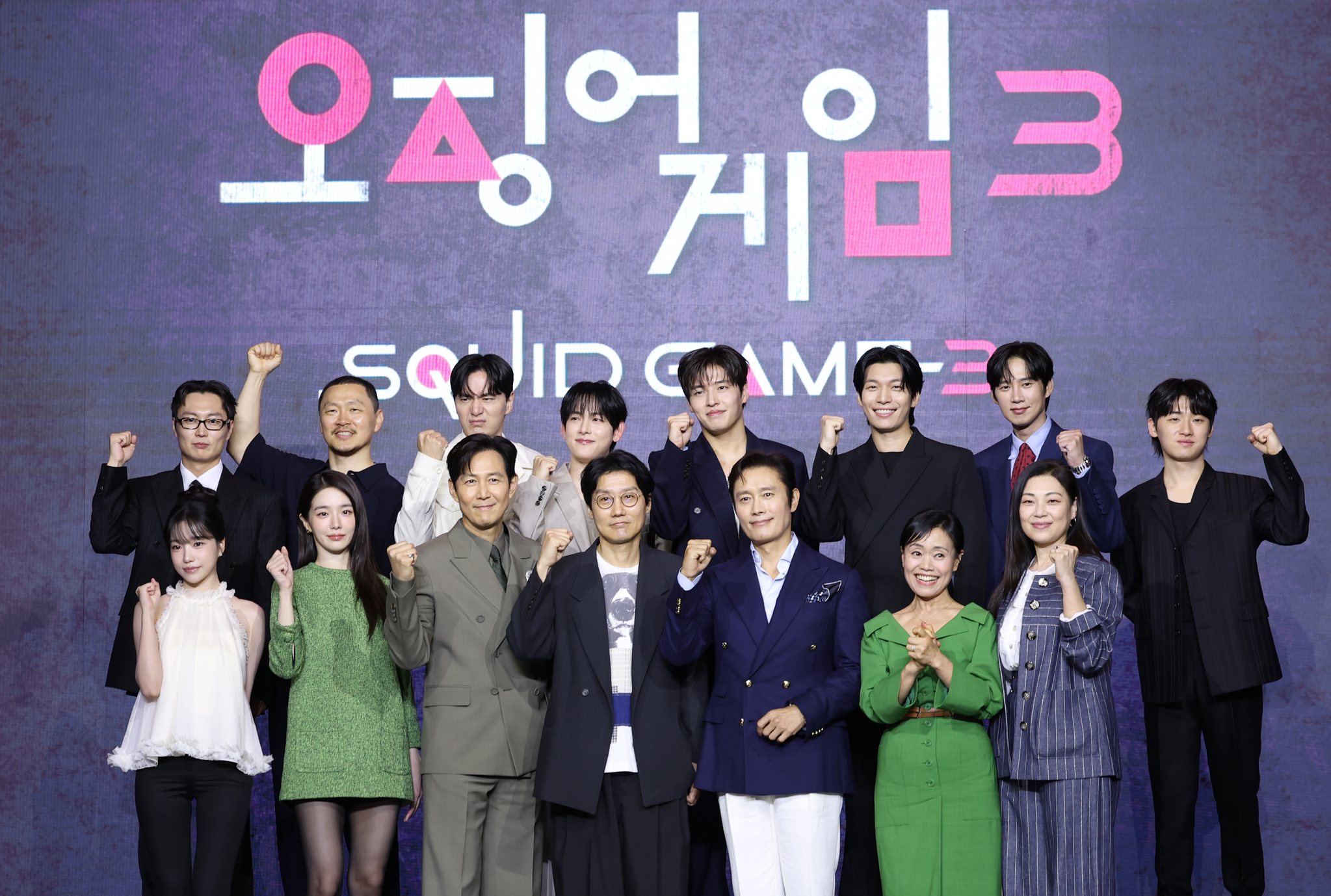 The director and cast of the third season of Netflix's ″Squid Game″ pose for photos during the show's press conference in Yongsan District, central Seoul, on June 9. [NEWS1]