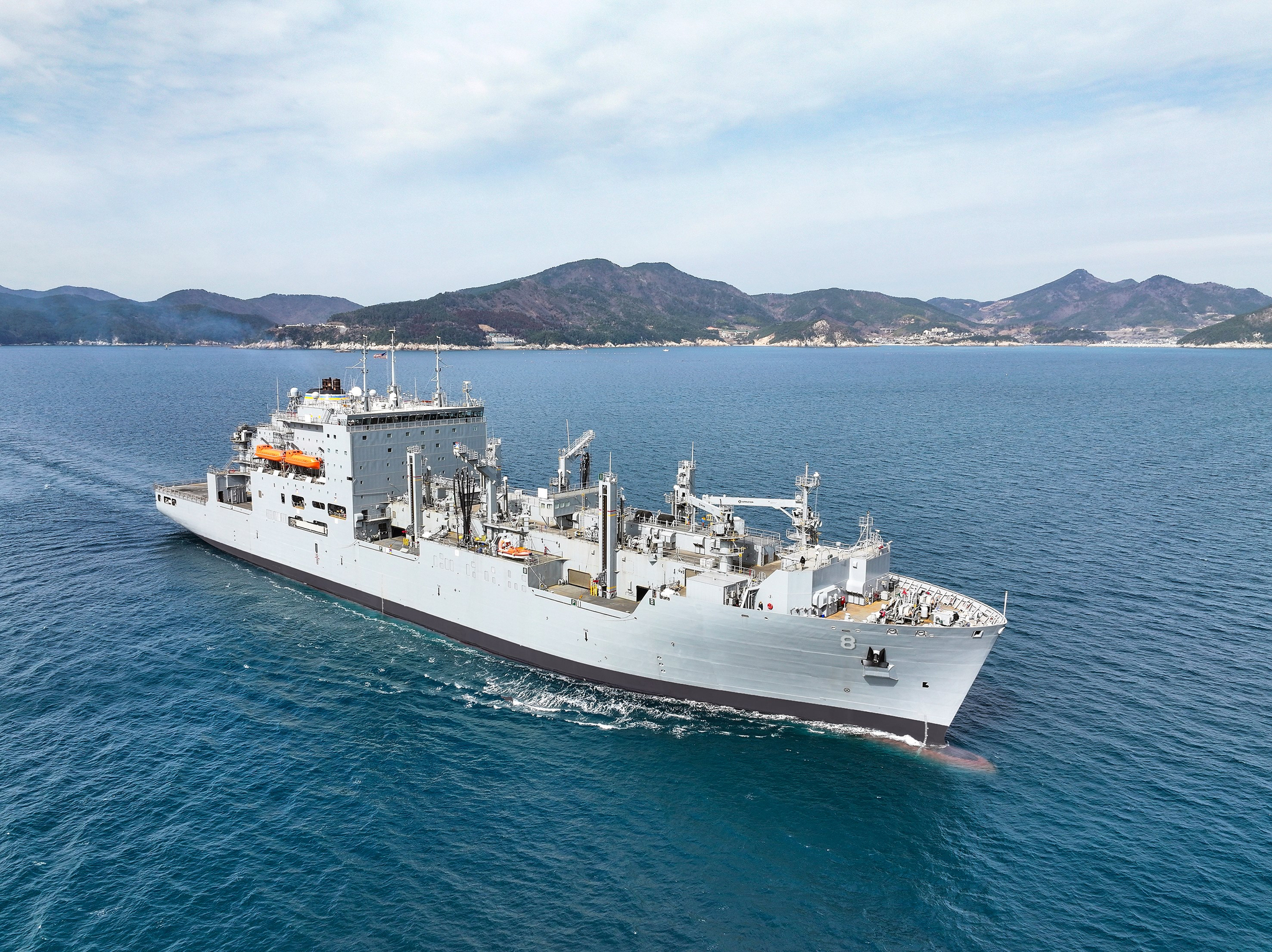 Hanwha Ocean carried out maintenance, repair and overhaul services on the USNS Wally Schirra, owned by the U.S. Navy. The U.S. Navy vessel, after undergoing maintenance, heads out to the sea in March 2025. [HANWHA OCEAN]