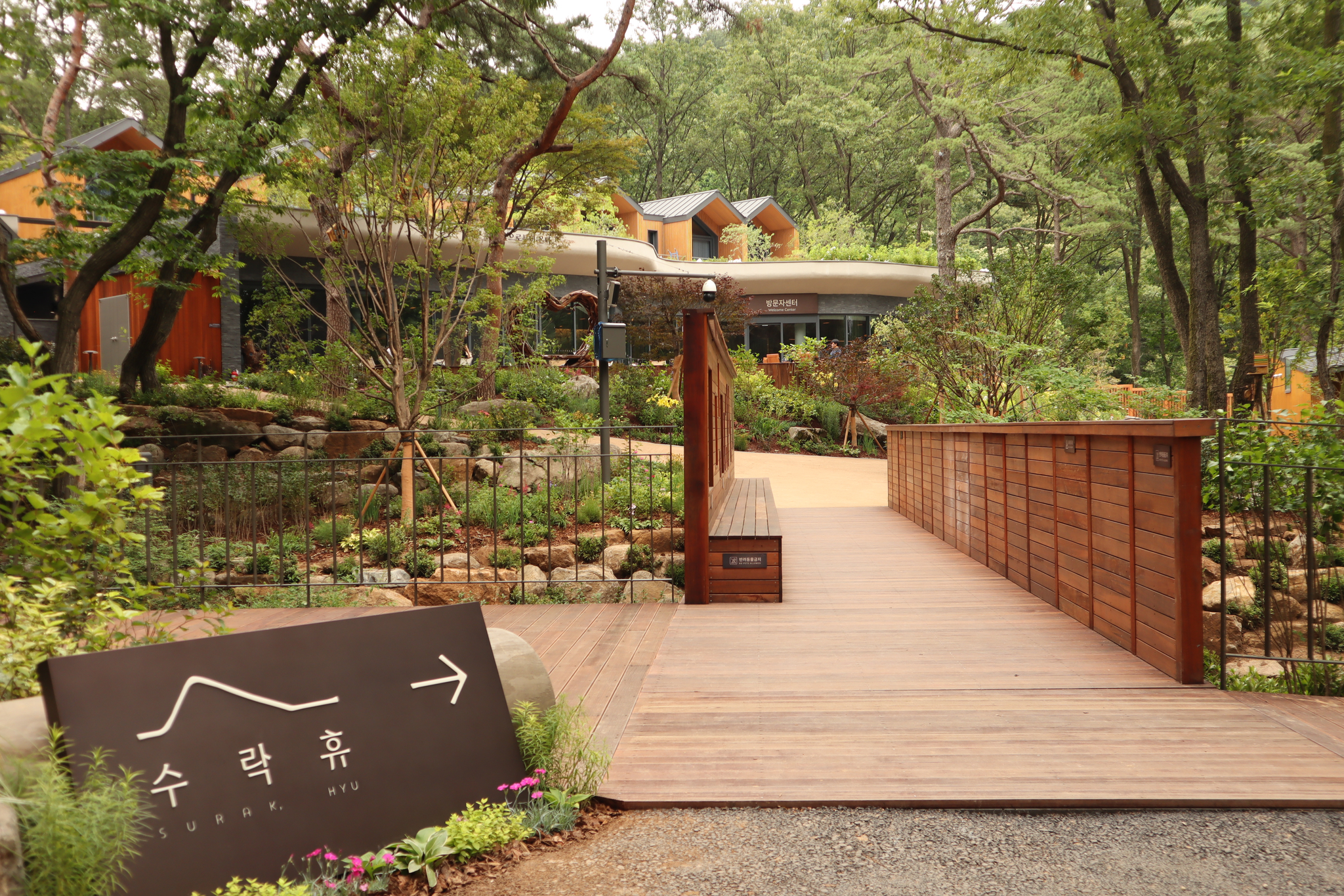 Guests staying at Surak Hyu should walk on a wooden bridge for their check-in at the guest center in Nowon District in northern Seoul. The photo was taken on June 28. [LEE SOO-JUNG] 