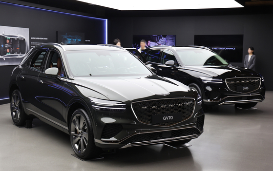 Genesis GV70s are displayed at a media event in Yongin, Gyeonggi, on May 18, 2024. [YONHAP]