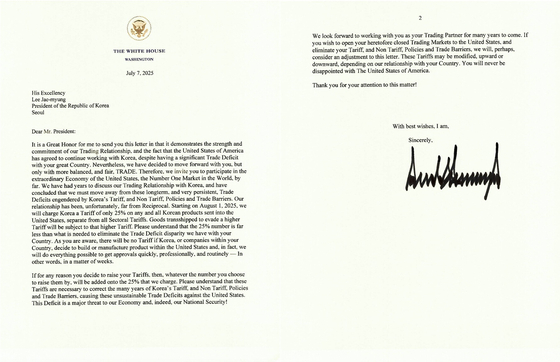 U.S. President Donald Trump's letter posted on his social media platform Truth Social on July 7, notifying that a 25 percent reciprocal tariff will be imposed on all Korean products starting Aug. 1. [SCREEN CAPTURE]