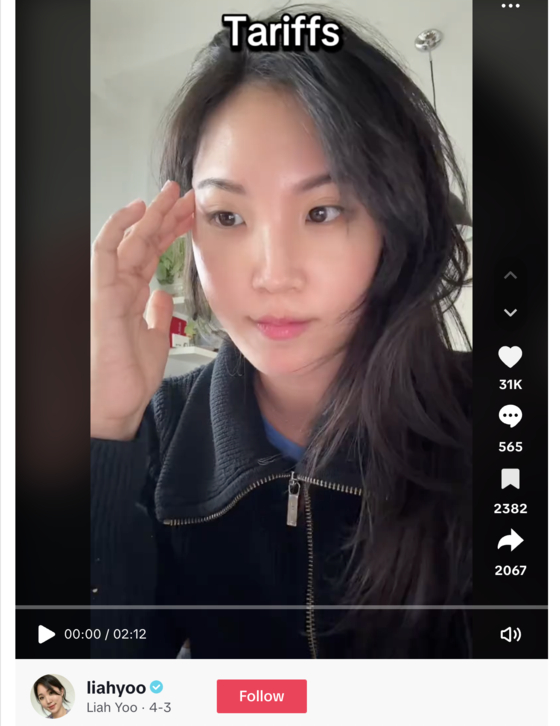 Liah Yoo, founder and CEO of KraveBeauty, speaks in a TikTok video in early April [SCREEN CAPTURE]