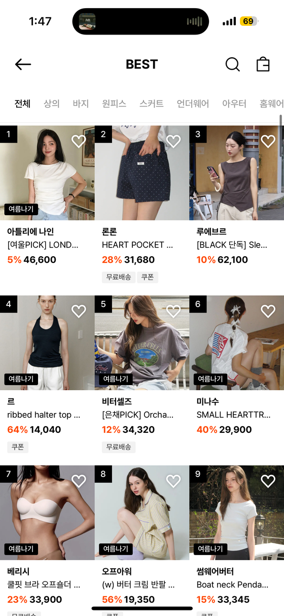 Local fashion retailer 29CM's best seller category, listing contemporary designer label based in Korea [SCREEN CAPTURE]