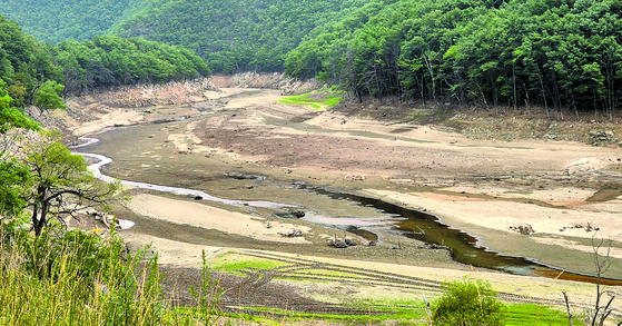 The bottom of the Domacheon River near Obong Reservoir in Gangneung, Gangwon, is exposed on July 8 as the monsoon season was cut short this year. [NEWS1]