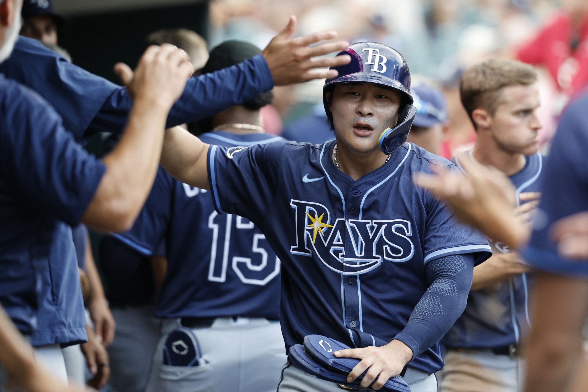 Tampa Bay Rays shortstop Kim Ha-seong celebrates after scoring against the Detroit Tigers in the sixth inning at Comerica Park in Detroit, Michigan on July 9. [REUTERS/YONHAP]