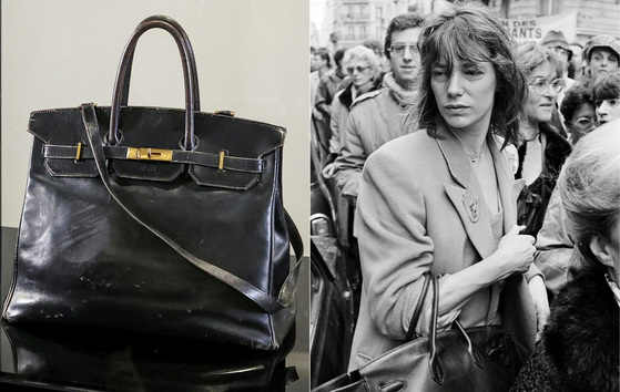 This combination of pictures created on July 9 shows the ″Birkin″ bag by Hermes which belonged to British-French actress and singer Jane Birkin at the Sotheby's auction house in Paris on July 2 and which will be auctioned by Sotheby's as part of the Fashion Icons auction sale. [AFP/YONHAP]