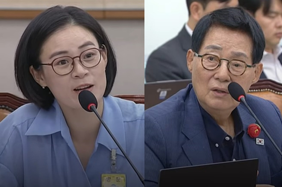 Attorney Kim Ye-won, left, and Democratic Party Rep. Park Jie-won, right, are seen during the National Assembly’s Legislation and Judiciary Committee hearing at the National Assembly in Yeouido in western Seoul on July 9. [SCREEN CAPTURE]