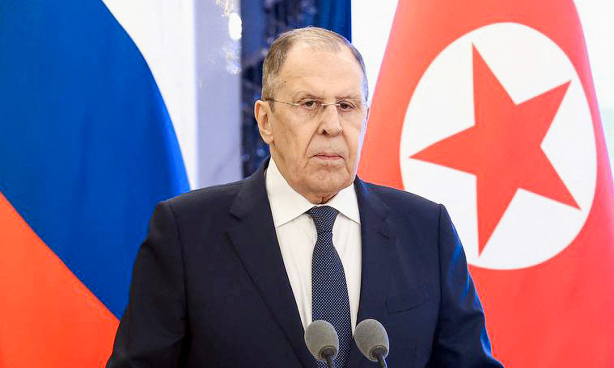 This handout photograph taken and released by the Russian Foreign Ministry on July 12 shows Russia's Foreign Minister Sergey Lavrov as he delivers a joint press conference with his North Korean counterpart in Wonsan, Gangwon. [AFP/YONHAP] 