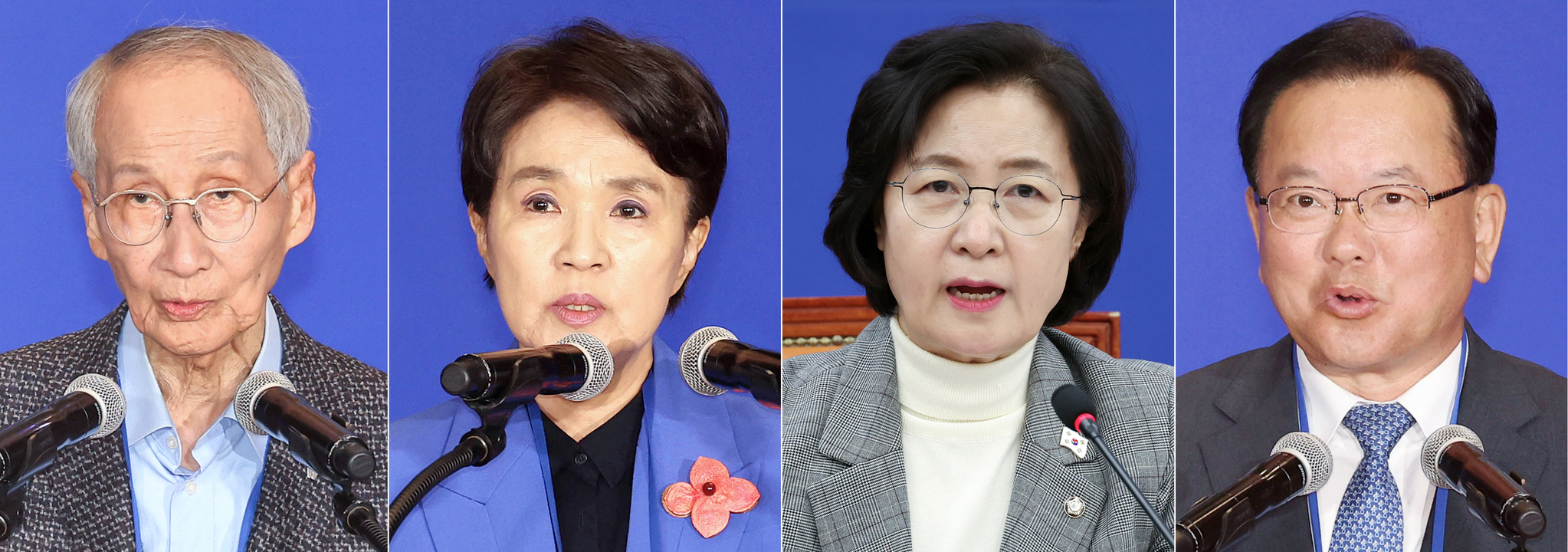 From left, former Minister of Environment Yoon Yeo-joon, leading the delegation to the European Union, former Minister of Justice Kang Kum-sil, leading the delegation to France, Democratic Party Rep. Choo Mi-ae, leading the delegation to the United Kingdom and former Prime Minister Kim Boo-kyum, leading the delegation to India [YONHAP] 