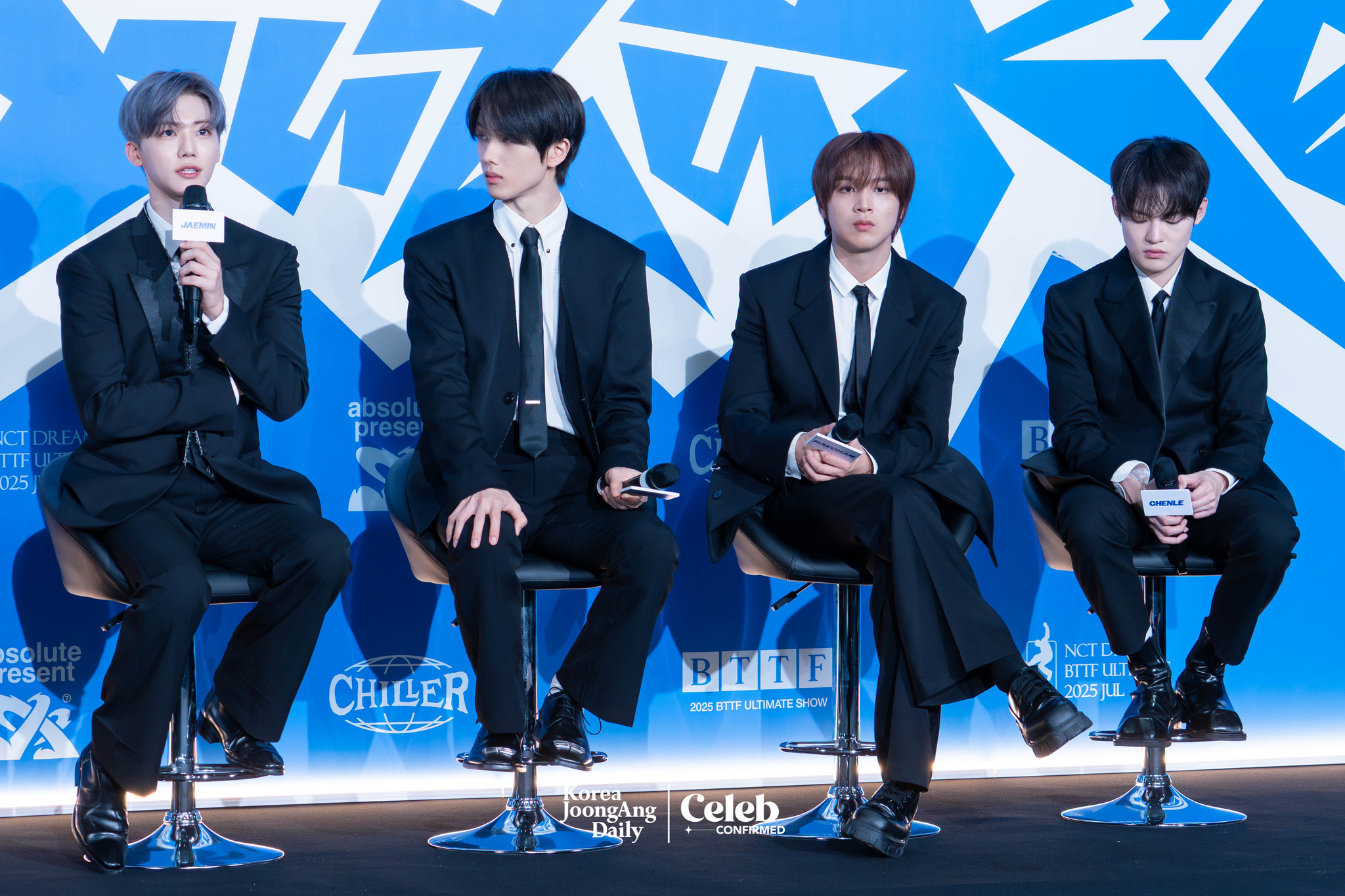 Boy band NCT Dream answers questions during a news conference for the release of its fifth full-length album, “Go Back to the Future,” at Lotte Cinema World Tower in southern Seoul on July 14. [DANIELA GONZALEZ PEREZ]
