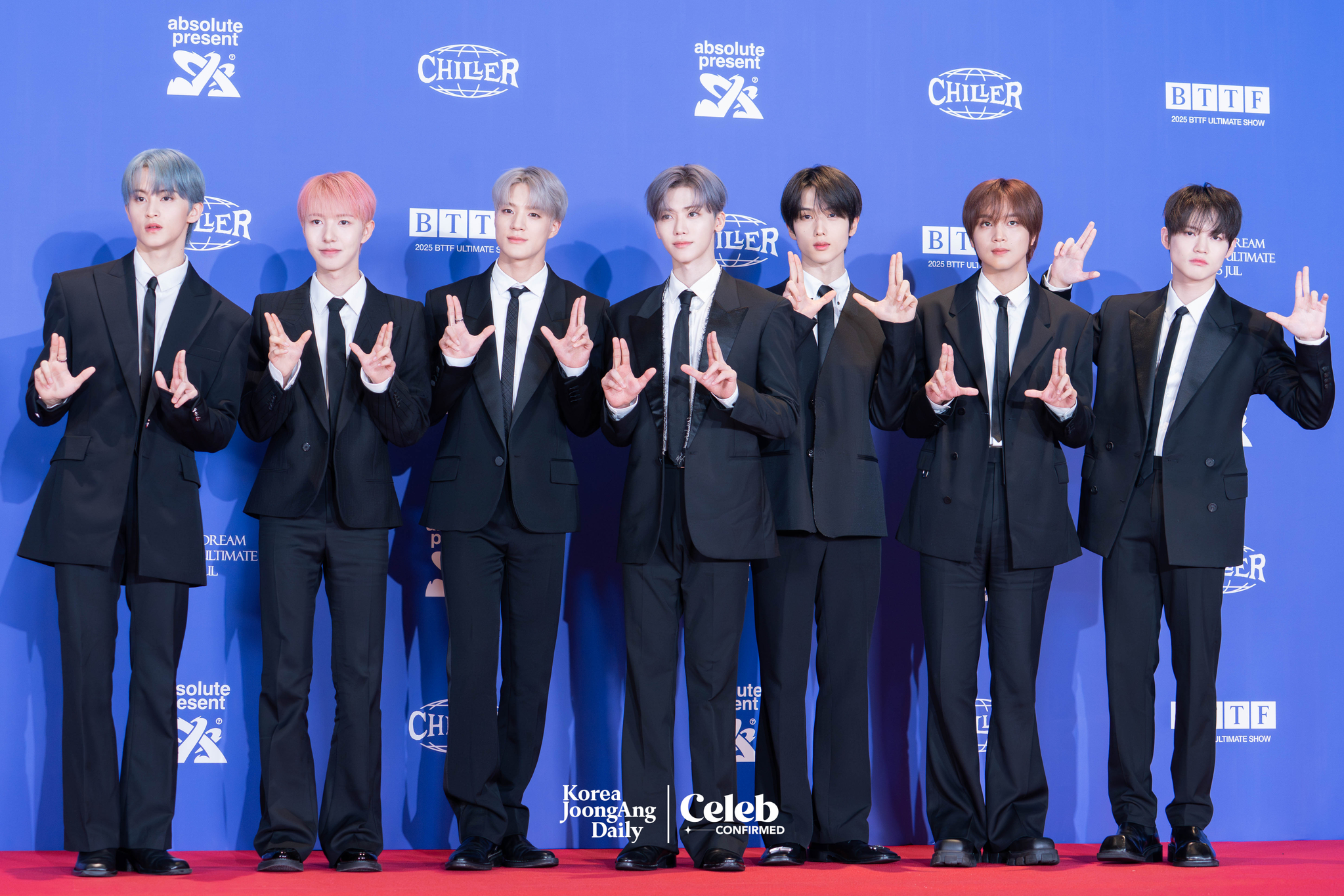 Boy band NCT Dream poses for photos during a news conference for the release of its fifth full-length album, “Go Back To The Future,” at Lotte Cinema World Tower in southern Seoul on July 14. [DANIELA GONZALEZ PEREZ]