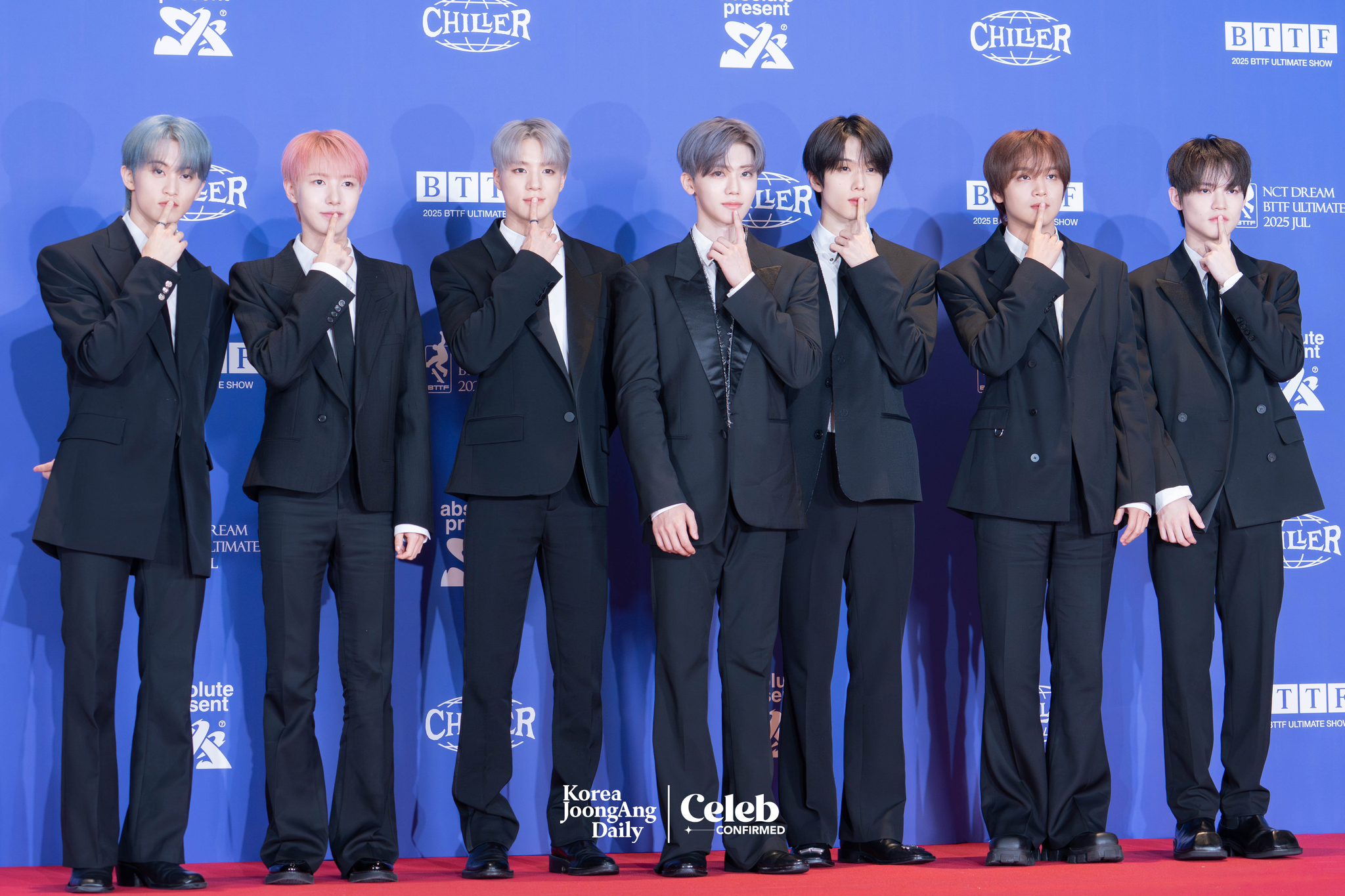 Boy band NCT Dream poses for photos during a news conference for the release of its fifth full-length album, “Go Back To The Future,” at Lotte Cinema World Tower in southern Seoul on July 14. [DANIELA GONZALEZ PEREZ]