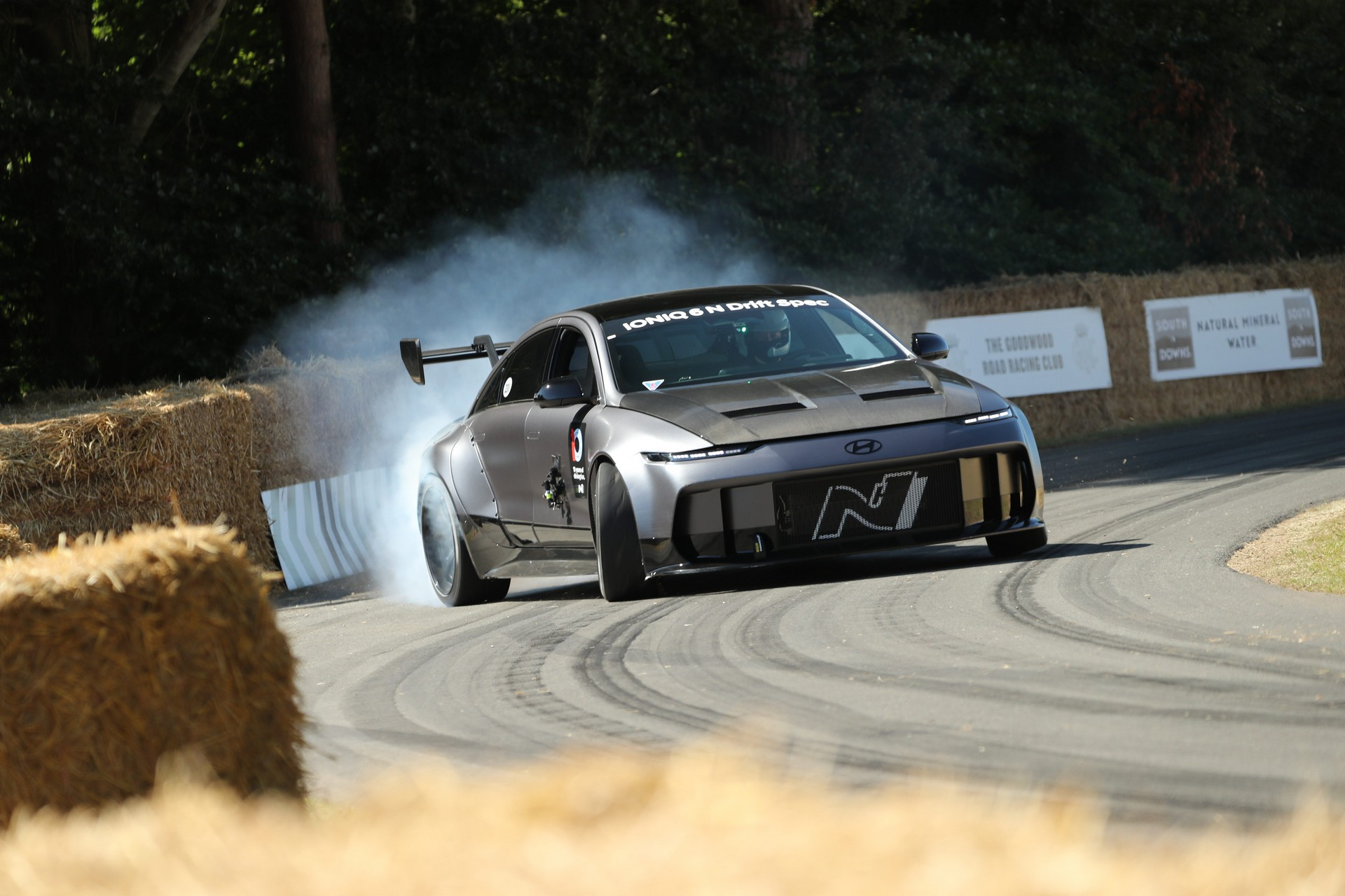 The Ioniq 6 N, newly revealed at the 2025 Goodwood Festival of Speed in the United Kingdom, takes part in the Hillclimb event as part of the festival on July 14. [HYUNDAI MOTOR]