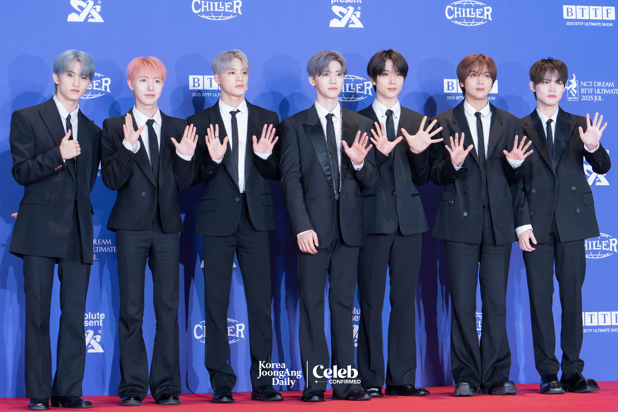 Boy band NCT Dream poses for photos during a news conference for the release of its fifth full-length album, “Go Back To The Future,” at Lotte Cinema World Tower in southern Seoul on July 14. [DANIELA GONZALEZ PEREZ]