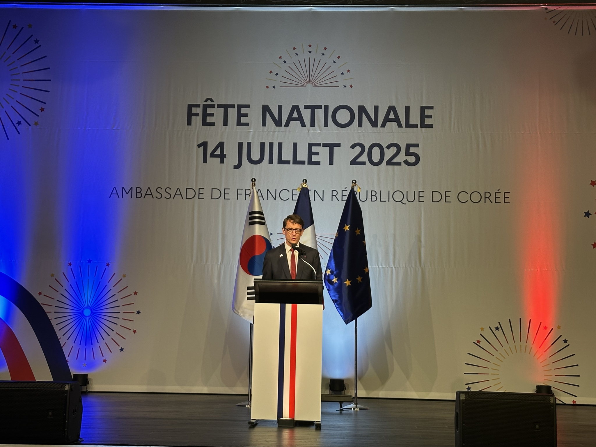 French Ambassador to Korea Philippe Bertoux speaks at a reception celebrating Bastille Day, or Fête Nationale, on July 14 at the Grand Hyatt Seoul, highlighting Franco-Korean friendship and shared ambitions in global security, technological innovation and climate action. [SEO JI-EUN]