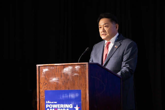 LS Electric CEO and Chairman Koo Ja-kyun speaks during the opening of the company's Texas manufacturing plant in April. [LS ELECTRIC]