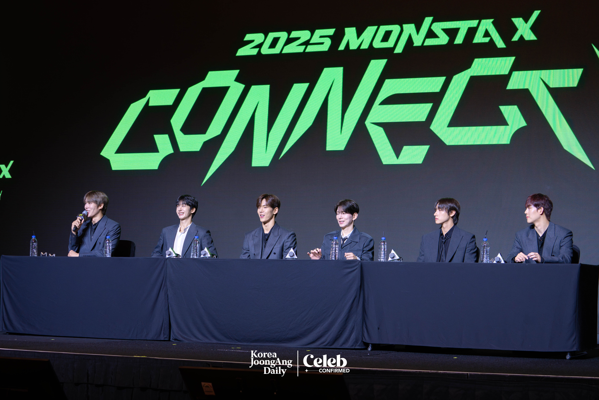 Boy band Monsta X answers questions during a press conference ahead of its upcoming 10th anniversary concert, “2025 Monsta X Connect X,” at the Conrad Hotel in western Seoul on July 16. [DANIELA GONZALEZ PEREZ]