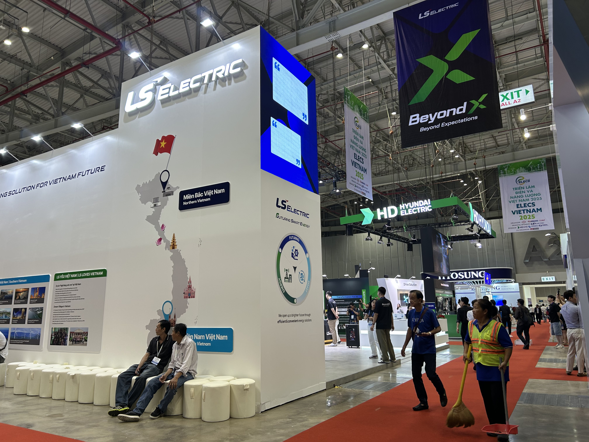 The three largest Korean power system providers — LS Electric, HD Hyundai Electric and Hyosung Heavy Industries — host booths at Elecs Vietnam 2025 at the Saigon Exhibition and Convention Center in Ho Chi Minh City on July 16. [SARAH CHEA]