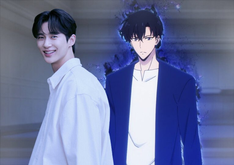 Actor Byeon Woo-seok, left, and the anime character Sung Jin-woo from “Solo Leveling,” whom Byeon will portray in the upcoming Netflix adaptation series [VARO ENTERTAINMENT, SCREEN CAPTURE]