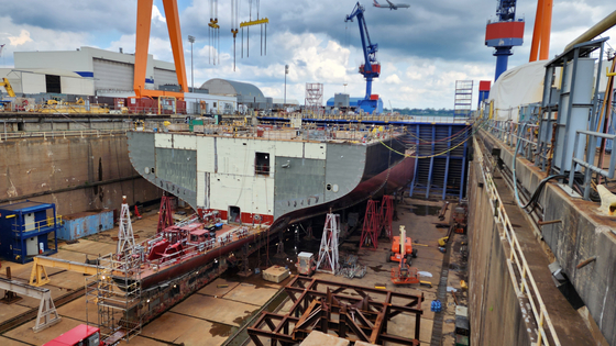 A ship ordered by the U.S. government is being built at the dock of Hanwha Philly Shipyard in Philadelphia on July 16. [KANG TAE-HWA]