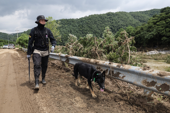 A police official and a police dog search for missing people in Mail-ri in Gapyeong County, Gyeonggi, on July 21. [JUN MIN-KYU]