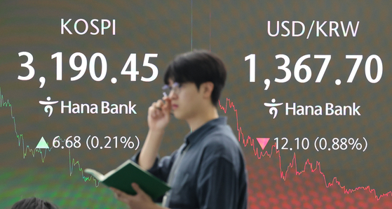 A screen in Hana Bank's trading room in central Seoul shows the Kospi closing at 3,190.45 points on July 24, up 6.68 points, or 0.21 percent, from the previous trading session. [YONHAP]