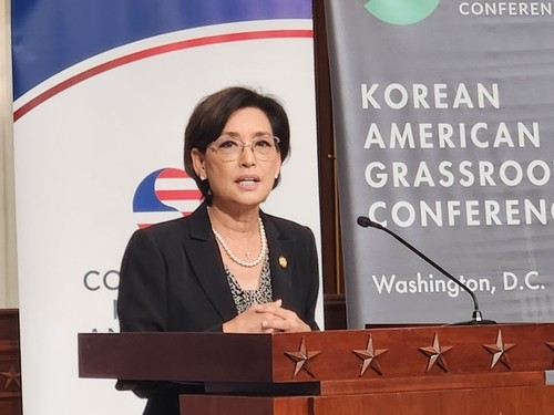 Rep. Young Kim (R-CA), a Korean American and chair of the Subcommittee on East Asia and the Pacific of the House Foreign Affairs Committee, speaks during the National Korean War Veterans Armistice Day commemoration event at the U.S. Capitol in Washington on July 23. [YONHAP]