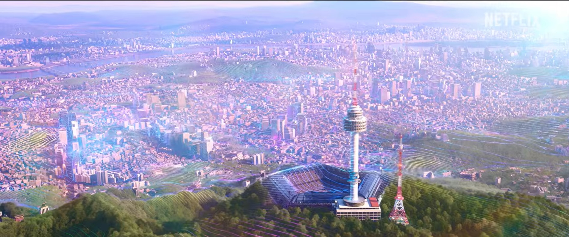 A view of Seoul as portrayed in Netflix's ″KPop Demon Hunters″ with Namsan Seoul Tower at the bottom of the image [NETFLIX]