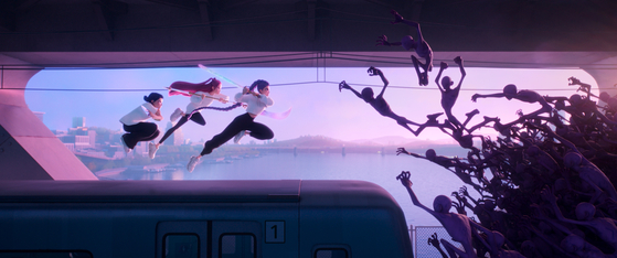The HUNTR/X battling demons on top of a running subway crossing the Han River [NETFLIX]
