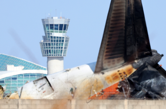 The control tower is seen at the scene of the Jeju Air passenger plane crash at Muan International Airport in Muan County, South Jeolla, on Jan. 2. [YONHAP]