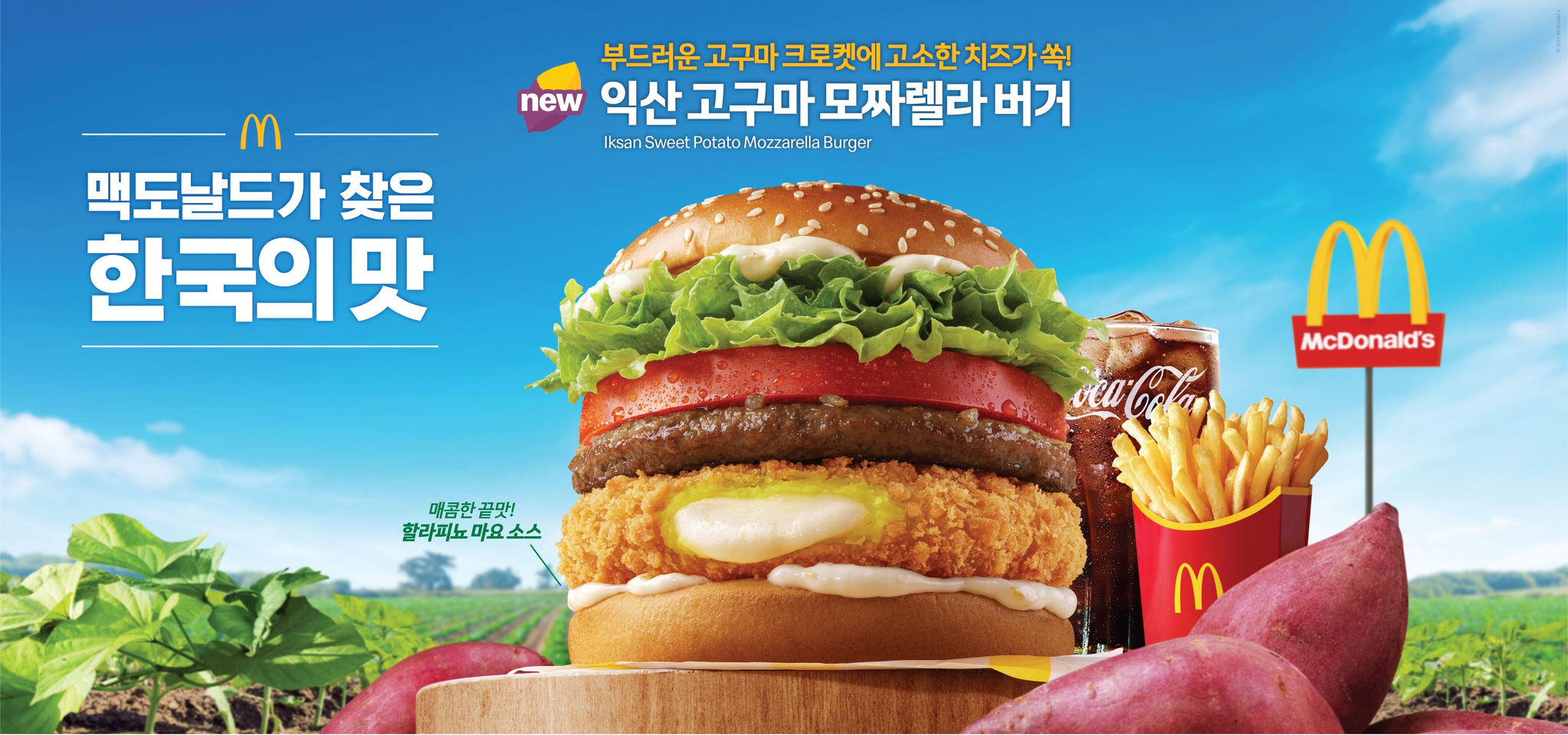 McDonald's Korea is selling the Iksan Sweet Potato Mozzarella Burger, shown here, and Iksan Sweet Potato Mozzarella Muffin from July 10 as part of its annual "Taste of Korea" campaign. [MCDONALD'S KOREA]