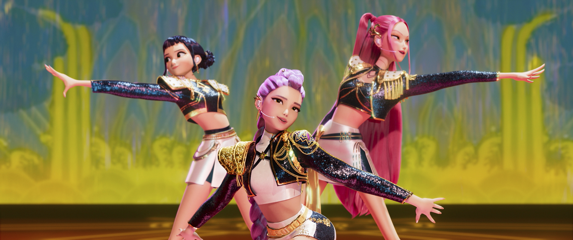 From left: characters Zoey, Rumi and Mira in a scene from ″KPop Demon Hunters″ in this image released by Netflix [AP/YONHAP]