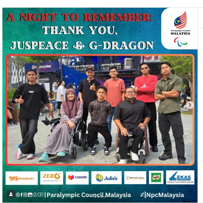 Paralympic Council Malaysia uploaded a post to Instagram on July 21 thanking G-Dragon for inviting eight paralympic athletes to the singer's concert in Kuala Lumpur, Malaysia, on July 20. [GALAXY CORPORATION]