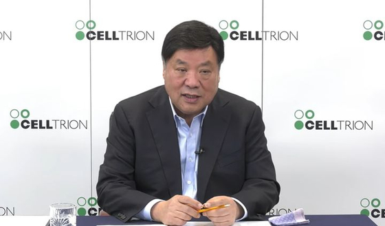 Celltrion Chairman Seo Jung-jin speaks at an online press briefing on July 29. [SCREEN CAPTURE]