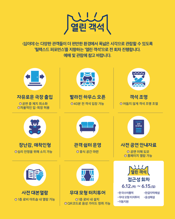 Accessibility features for the National Theater Company of Korea's "Twelfth Night" which was staged with features tailored to neurodivergent attendees. The above chart lists such services, including free entry and exists during the show, earlier entry to the theaterr, adjusted light ing so that the theater never goes completely dark and the allowance of comfort objects. [SCREEN CAPTURE]