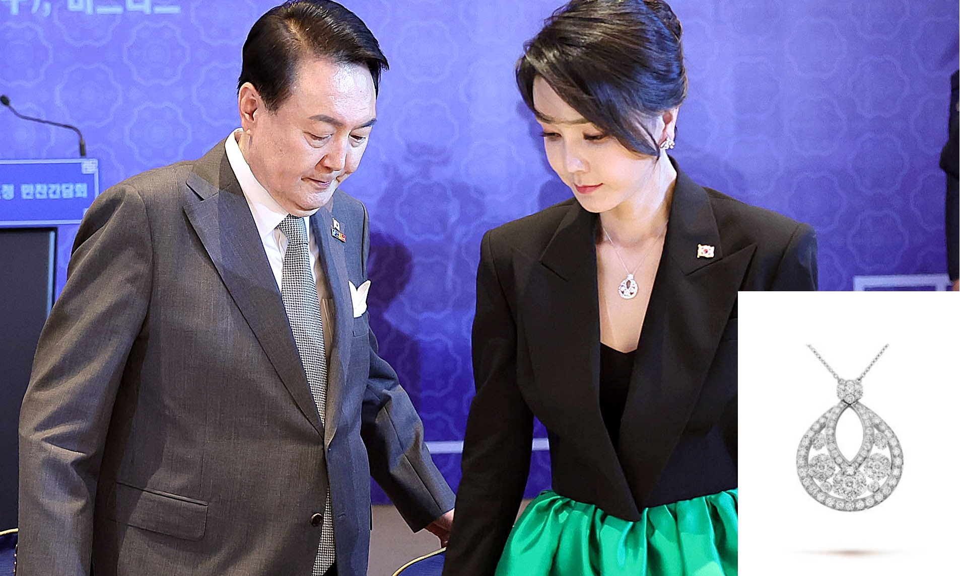 Former First Lady Kim Keon Hee, right, is seen wearing a Van Cleef & Arpels necklace (pictured bottom right) during a dinner with the Korean community in Madrid, Spain, on June 29, 2022, during a NATO summit trip with former President Yoon Suk Yeol. [JOINT PRESS CORPS, SCREEN CAPTURE]