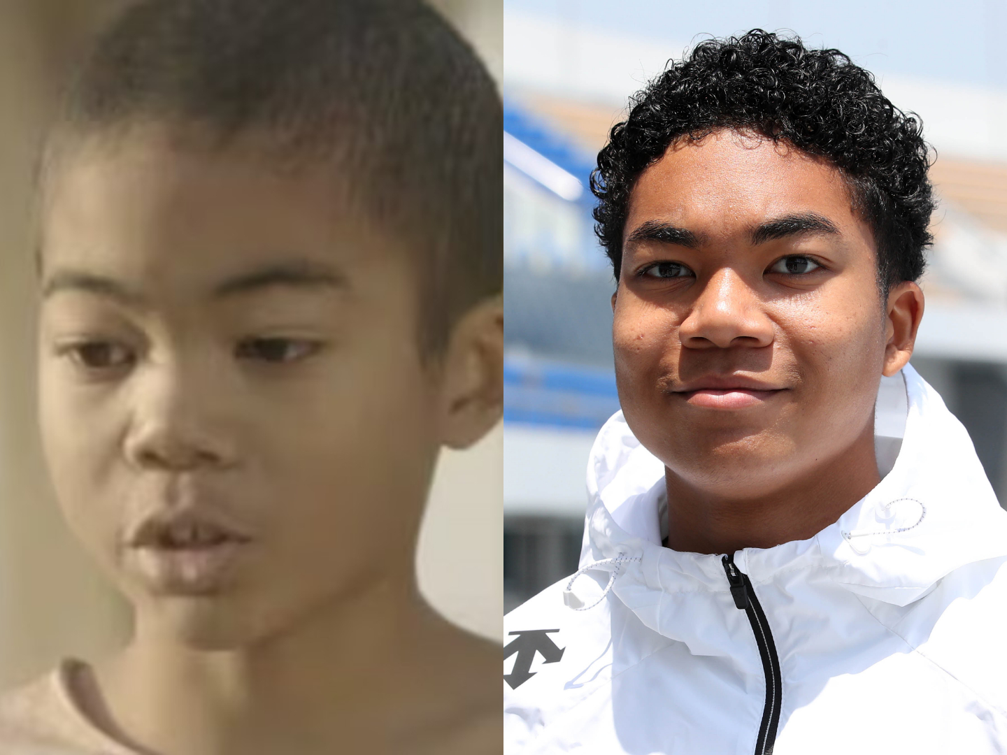 Left: Joel Jin Nwamadi plays a character in the KBS drama series ″Descendants of the Sun″ (2016). Right: Nwamadi visits Gumi Civic Stadium in North Gyeongsang on May 20, ahead of the start of the 2025 Asian Athletics Championships. [SCREEN CAPTURE, YONHAP]