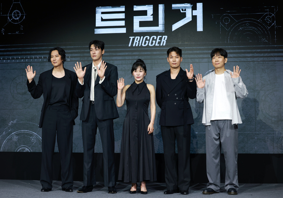 The cast from Netflix series ″Trigger″ pose for a photo at a press conference for the series at a hotel in Mapo District, western Seoul, on July 22. [NEWS1] 