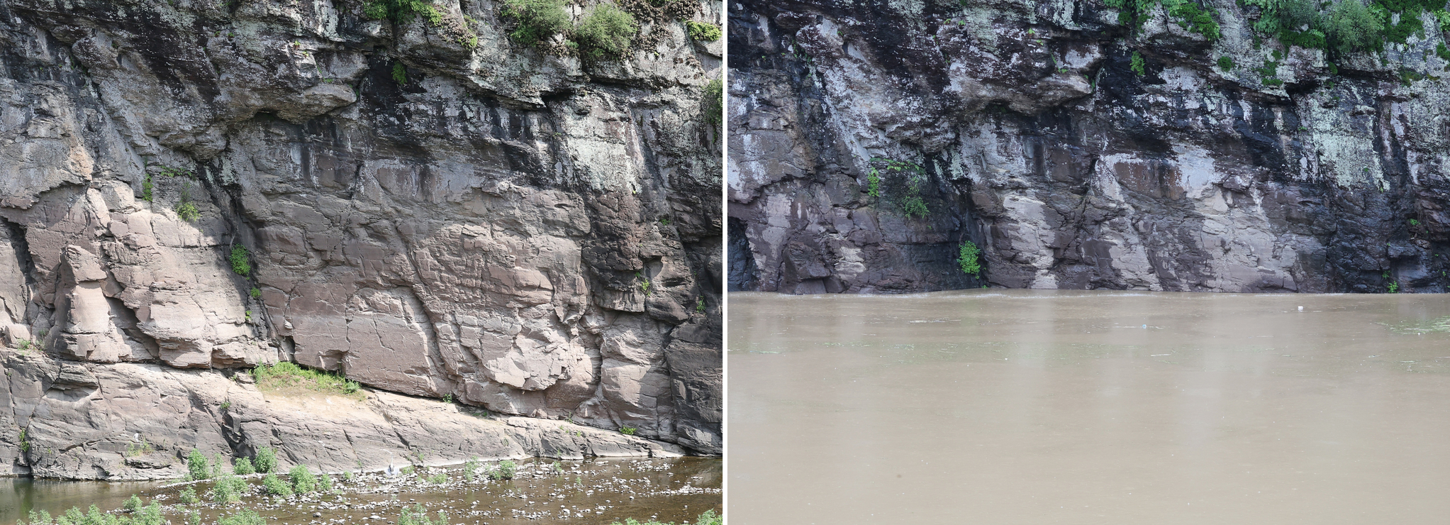 The Bangudae Petroglyphs in Daegok-ri, Ulju County, Ulsan, are submerged on July 19 as the water level at Sayeon Dam rose due to heavy rainfall (right). The left photo shows the same view of the petroglyphs on July 3. [YONHAP]