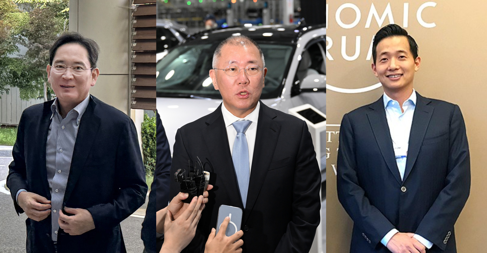 Korea's most powerful business leaders flew to the United States earlier this week to show support in hammering out a high-stakes tariff deal. From left: Samsung Electronics Executive Chairman Lee Jae-yong, Hyundai Motor Executive Chair Euisun Chung and Hanwha Group Vice Chairman Kim Dong-kwan [YONHAP, HANWHA]