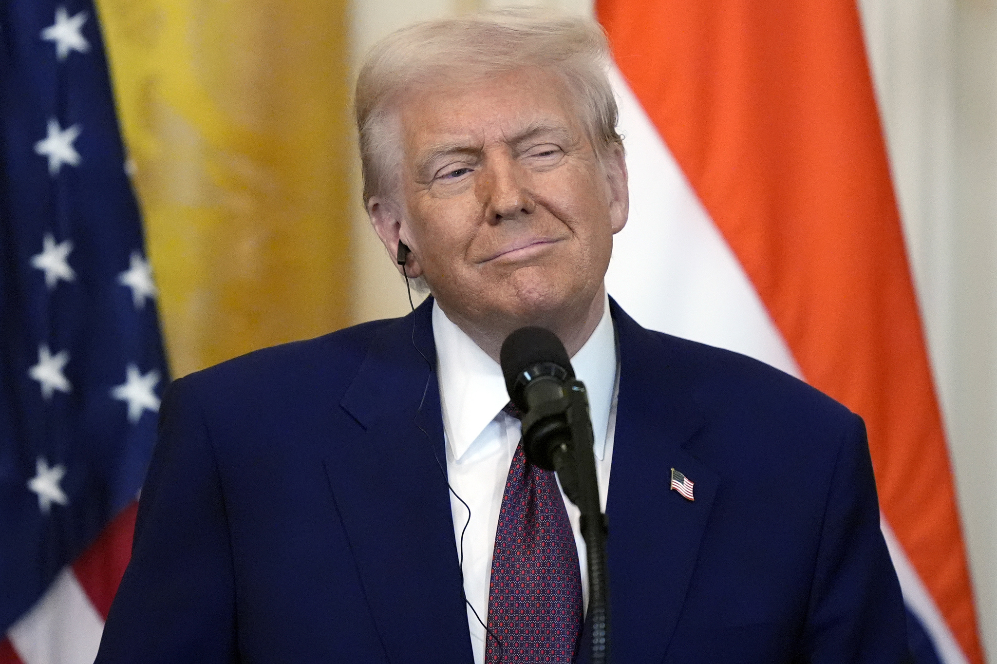 U.S. President Donald Trump listens during a news conference with India's Prime Minister Narendra Modi in the East Room of the White House, on Feb. 13, in Washington. [AP/YONHAP]