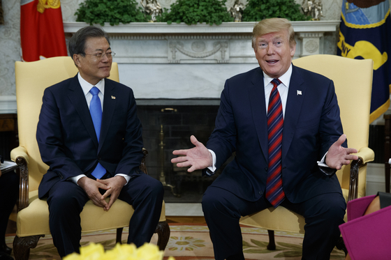 U.S. President Donald Trump speaks during a meeting with then-President Moon Jae-in in the Oval Office of the White House in Washington on April 11, 2019. [AP/YONHAP]