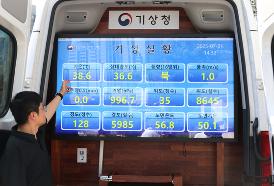 An official from the Daegu Meteorological Administration points to a real-time monitoring device showing a temperature of 38.6 degrees Celsius (101.5 degrees Fahrenheit) near Banwoldang intersection in Jung District, Daegu, on July 31. [YONHAP]