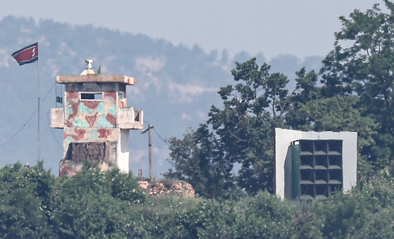 A North Korean guard post and loudspeakers aimed at the South are seen from a border area in Paju, Gyeonggi, on June 12. [NEWS1]