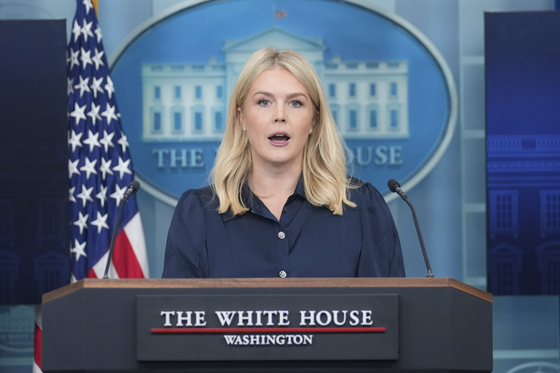 White House press secretary Karoline Leavitt speaks during a press briefing at the White House in Washington, Thursday, on July 31. [AP/YONHAP]