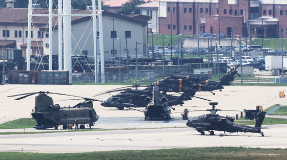 Helicopters are seen on standby at Camp Humphreys in Pyeongtaek, Gyeonggi, on July 29. [YONHAP]