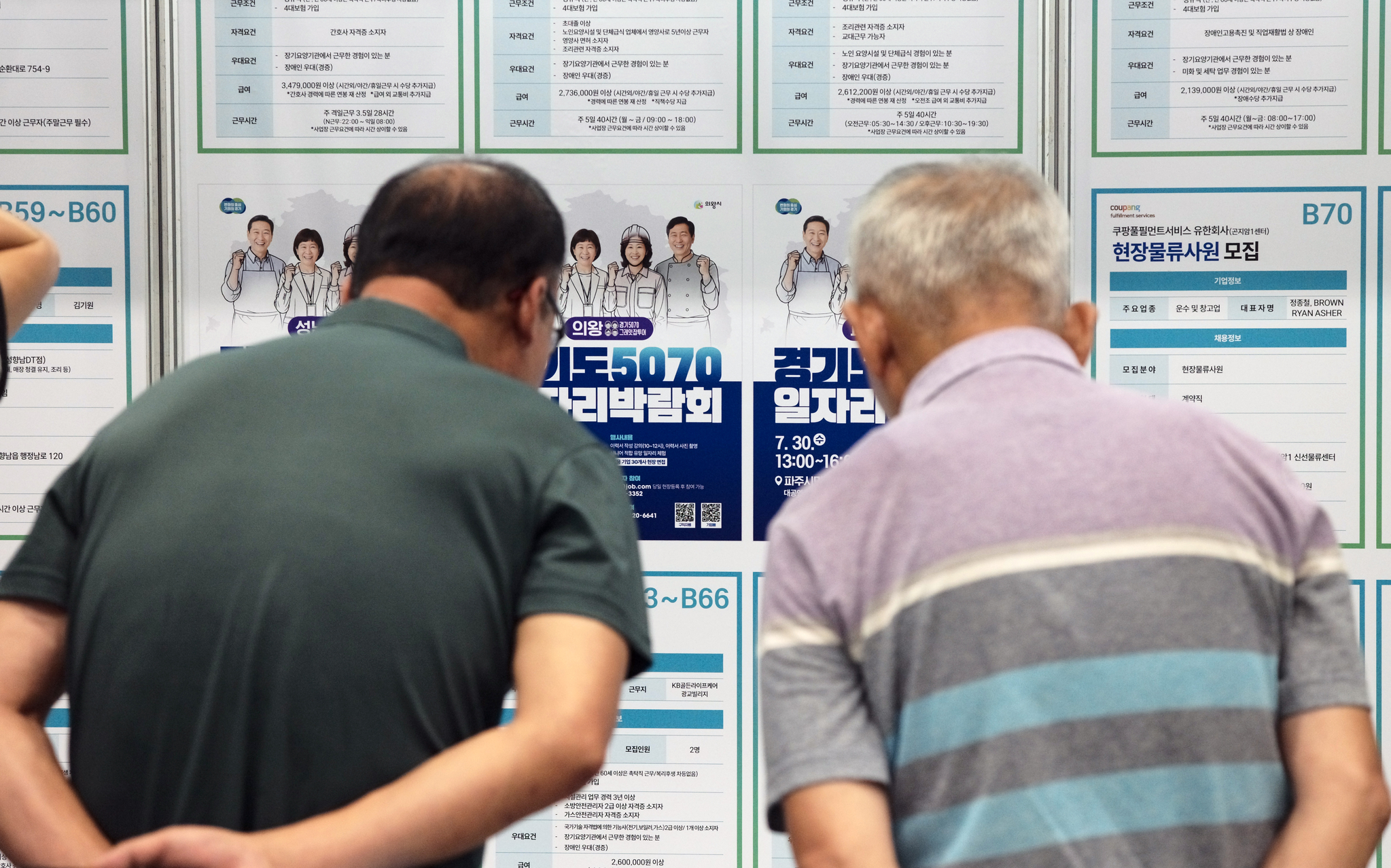 Job seekers look at notices posted at a job fair in Suwon, Gyeonggi, on July 9. [NEWS1]