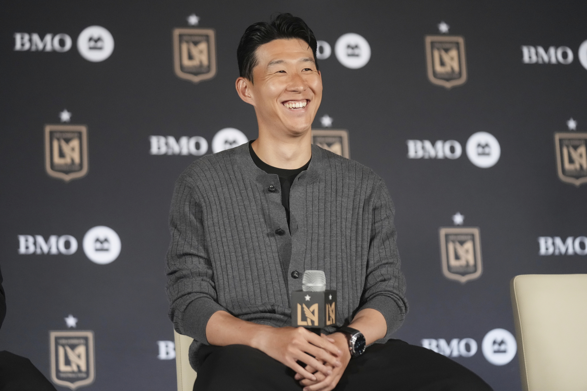 Son Heung-min is introduced as a new member of Los Angeles FC during a press conference in Los Angeles on Aug. 6.  [AP/YONHAP]