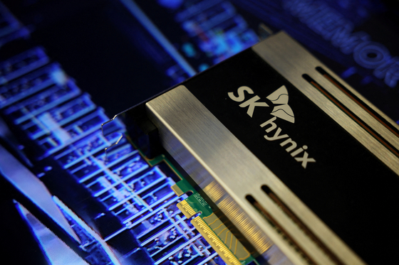 The logo of SK hynix is seen on its product during The 26th Semiconductor Exhibition (SEDEX 2024) in Seoul on Oct. 23, 2024. [REUTERS/YONHAP]