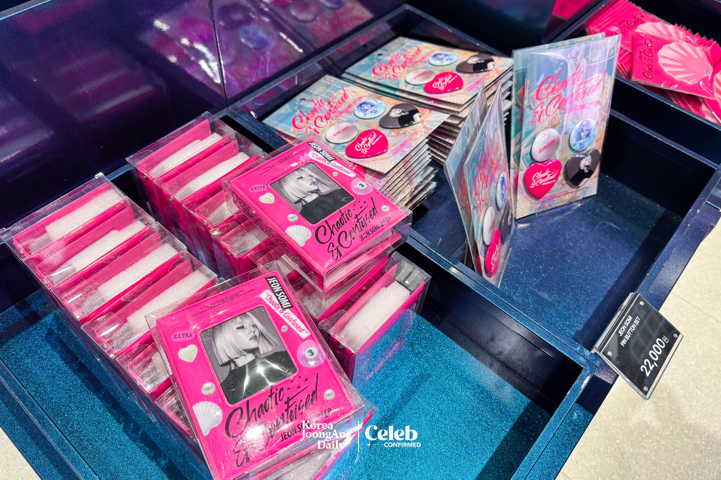 Jeon Somi’s merchandise sold at the “Chaotic & Confused” pop-up at the Factorial Seongsu building in eastern Seoul [DANIELA GONZALEZ PEREZ]